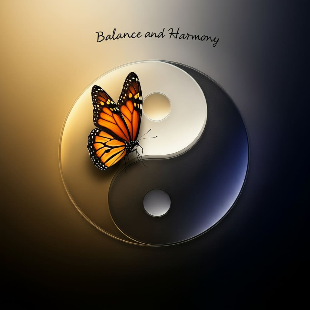 An orange and black butterfly balanced on a yin-yang symbol, illustrating the concept of spiritual balance and harmony