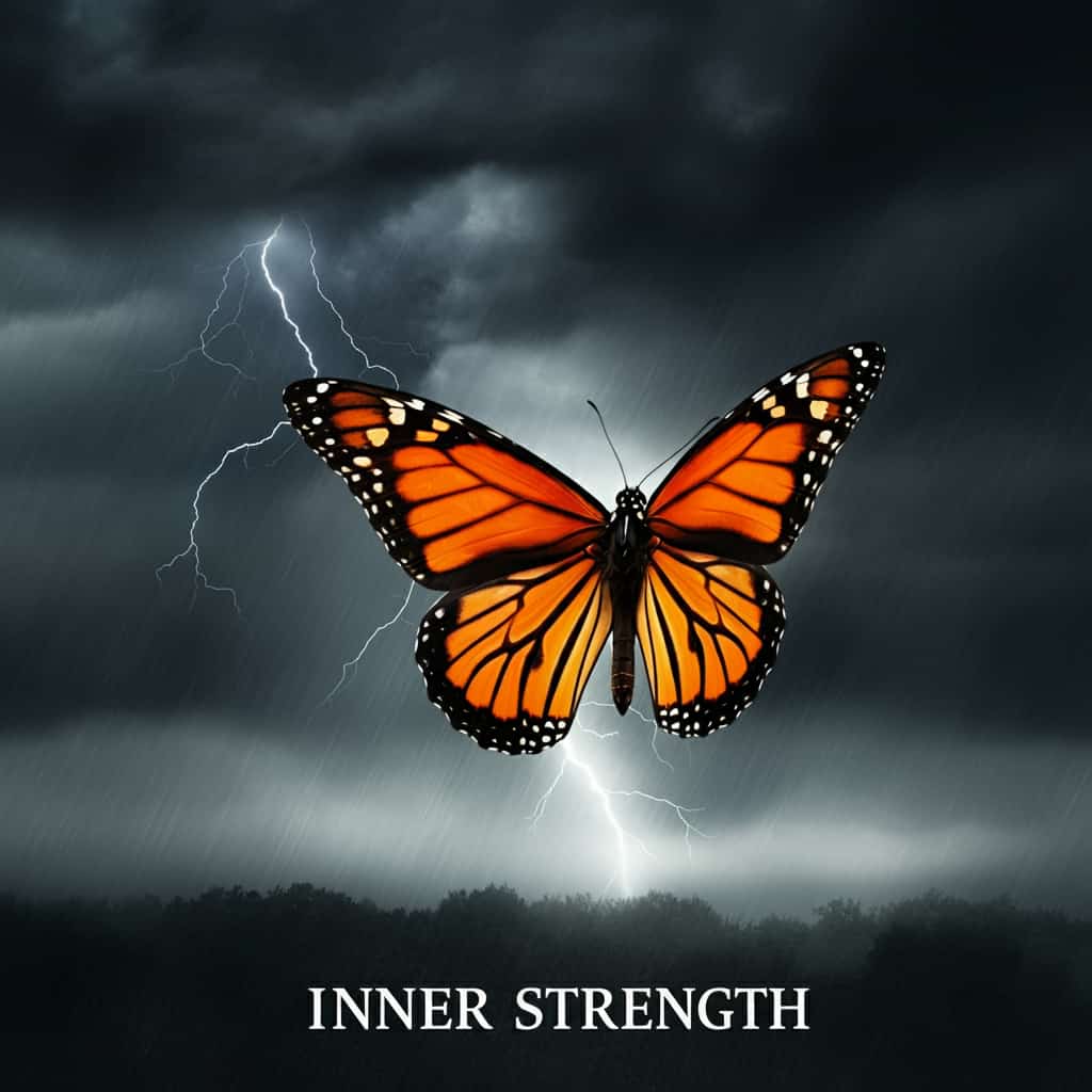An orange and black butterfly flying through a storm, demonstrating resilience and inner strength in the face of adversity