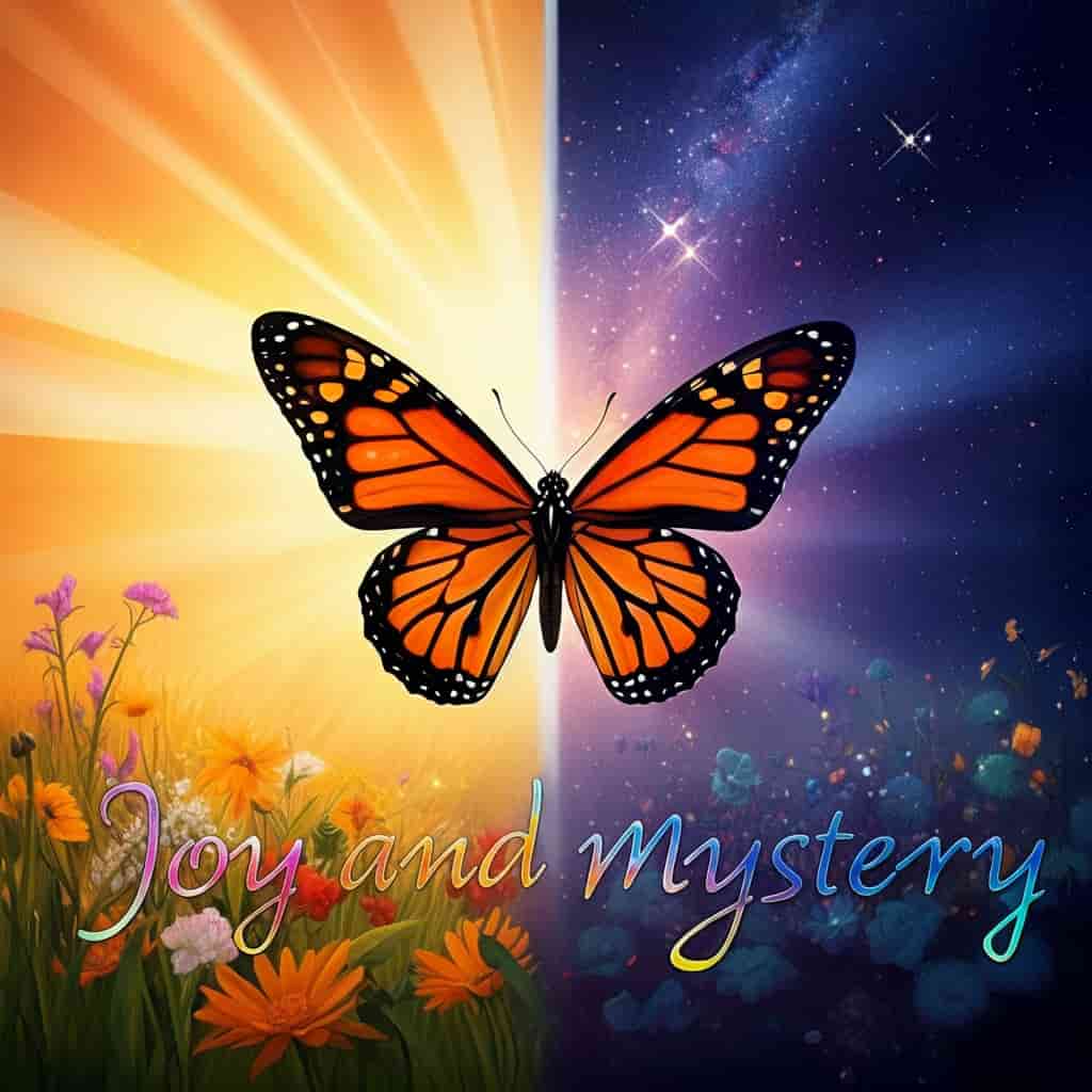 An orange and black butterfly flying between a sunlit meadow and a starry night sky, representing the balance of joy and mystery in life