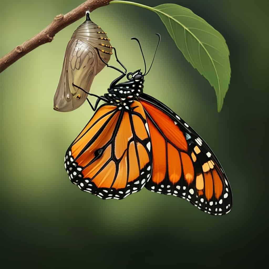 An orange and black butterfly emerging from its chrysalis, representing spiritual growth and personal transformation