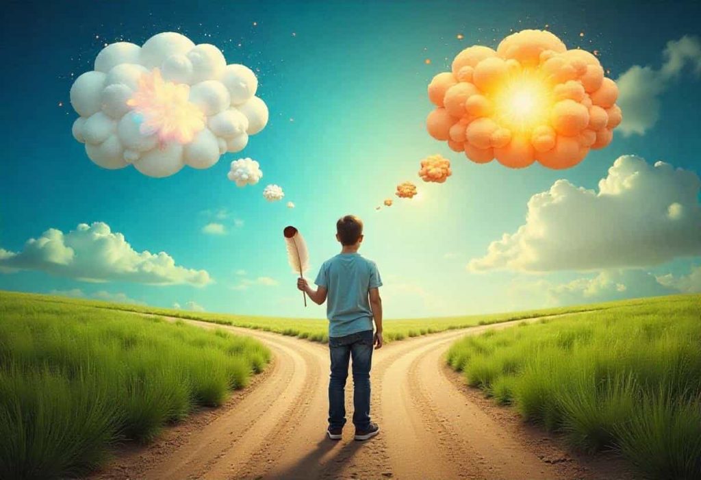 Person at a crossroads holding a white feather with brown tip, with paths leading to spiritual and practical scenes, surrounded by thought bubbles.