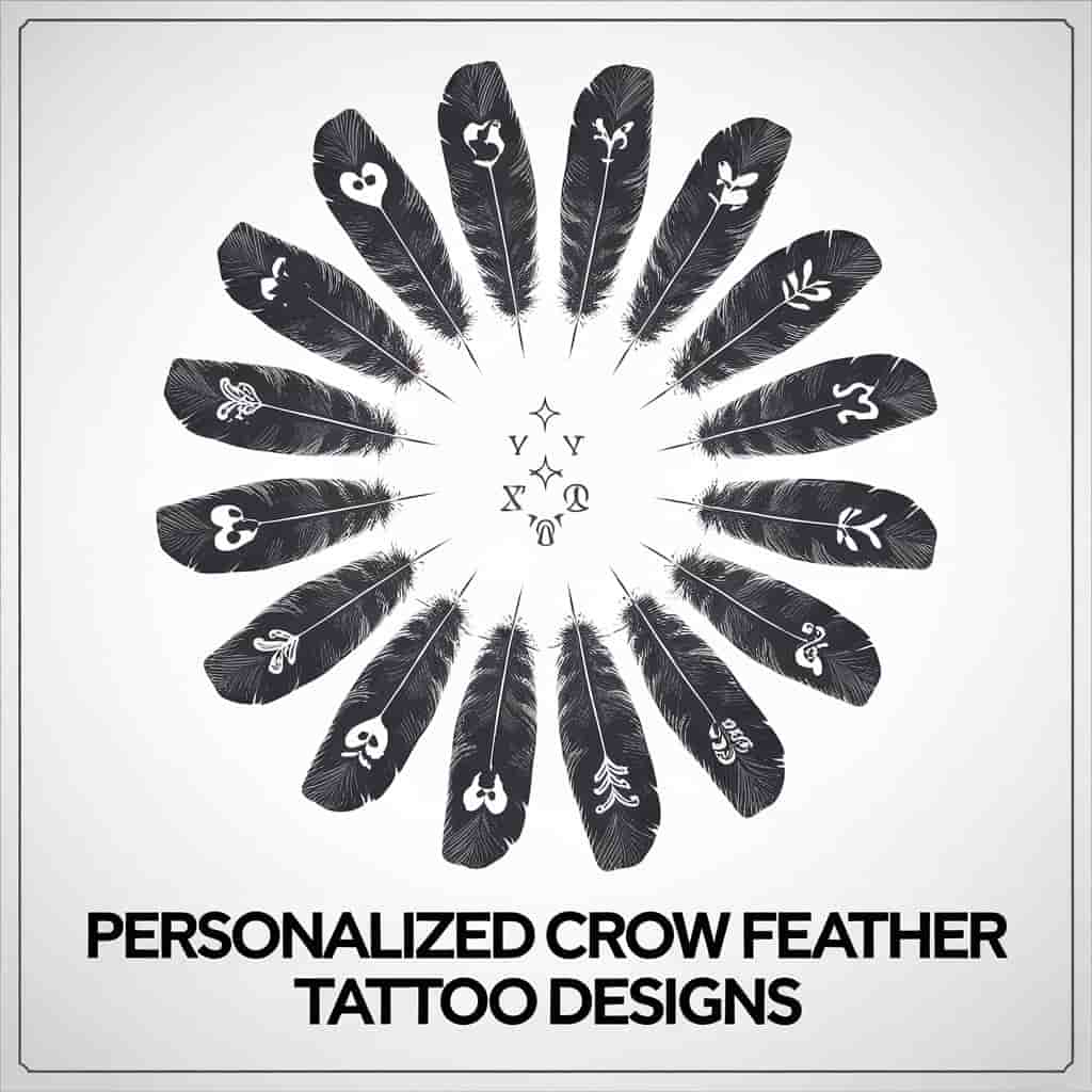 A circular arrangement of personalized crow feather tattoos with unique designs reflecting individual stories, showcasing creativity and personal meaning in tattoo art.