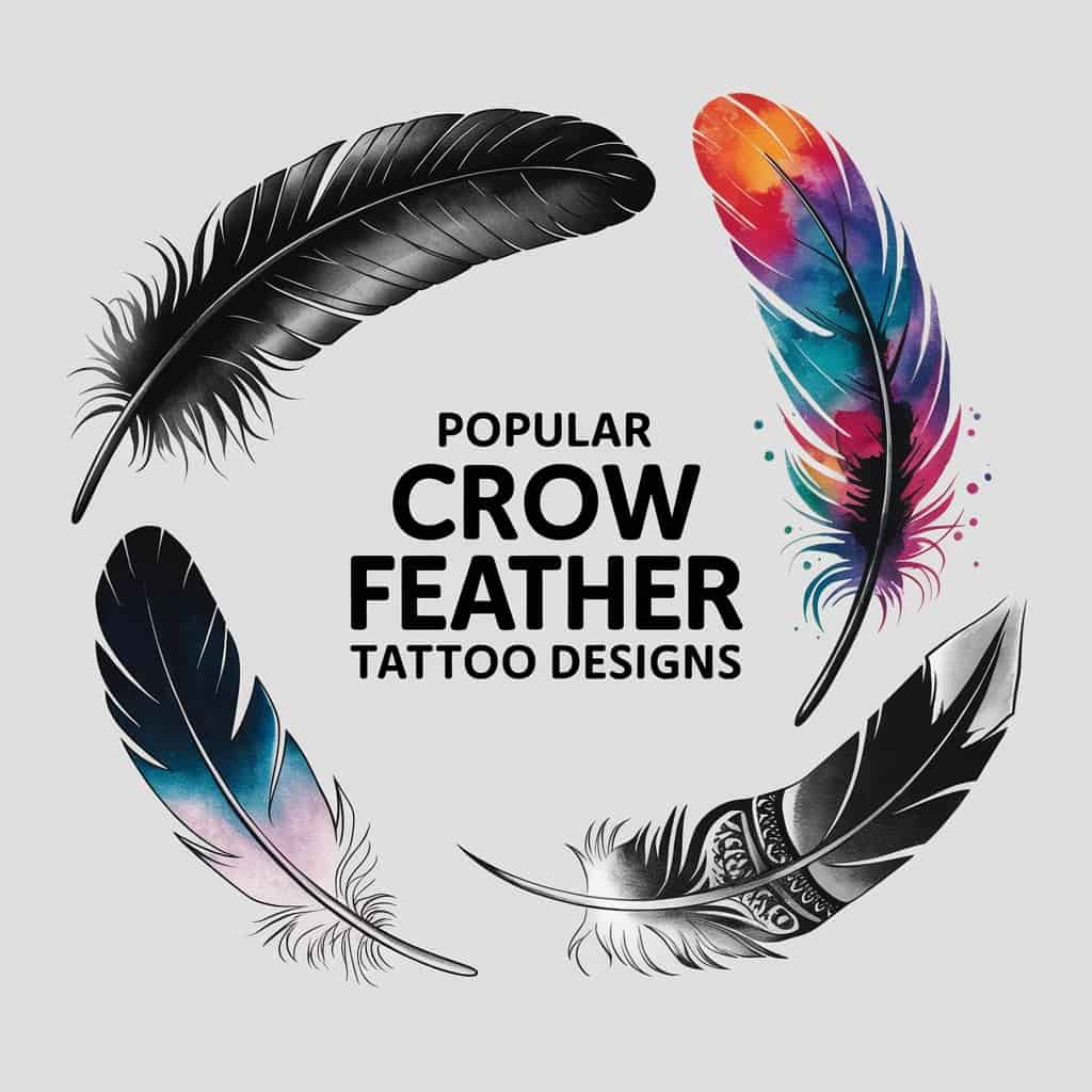 Four diverse crow feather tattoo designs displayed including realistic black ink, colorful watercolor, minimalist line art, and tribal-inspired designs.