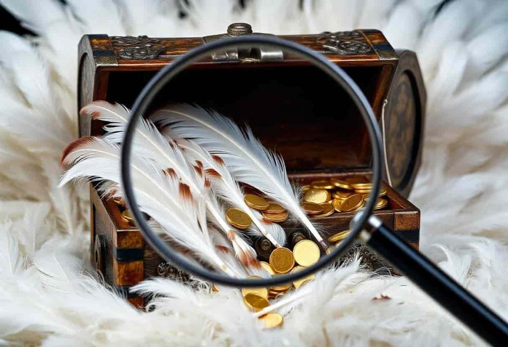 Open treasure chest with white feathers with brown tips spilling out, set against backdrop of ordinary feathers, with magnifying glass highlighting their uniqueness.