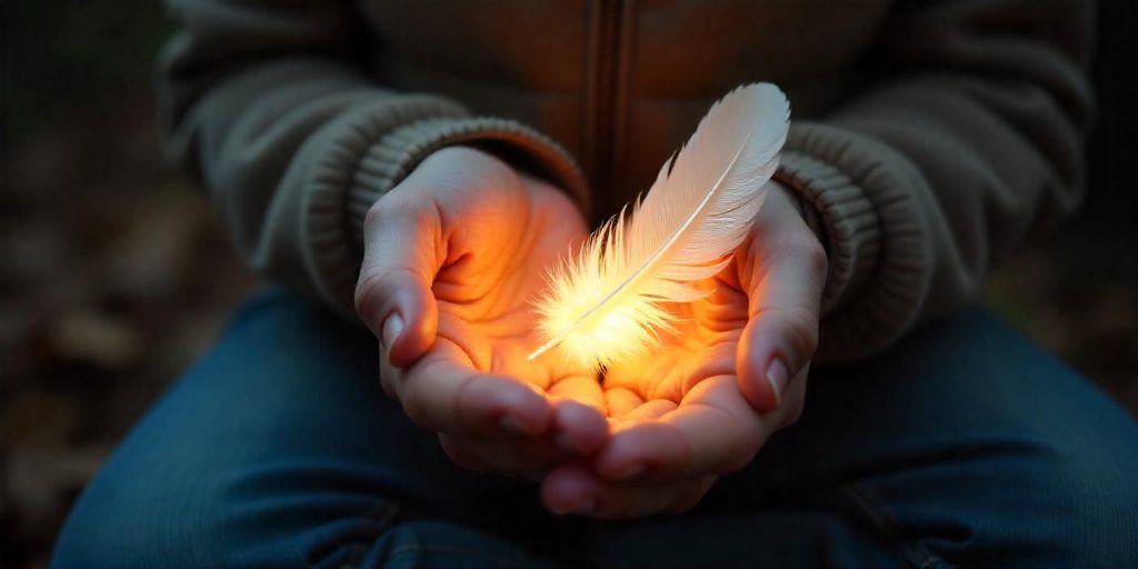 Hands gently cupping a glowing, translucent feather emitting an otherworldly light, with a faint aura of energy and subtle everyday objects in the background.