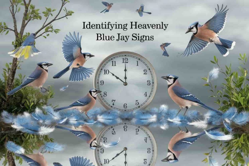 Natural scene with multiple blue jays in various positions, with subtle clock and mirror elements, illustrating different ways to recognize spiritual signs, titled "Identifying Heavenly Blue Jay Signs".