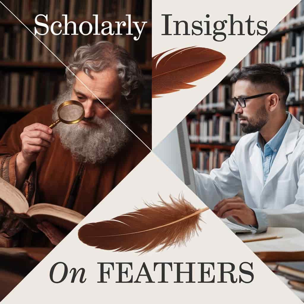 Split-screen of scholar with ancient texts and modern researcher studying brown feathers, representing scholarly interpretations, titled "Scholarly Insights on Feathers".