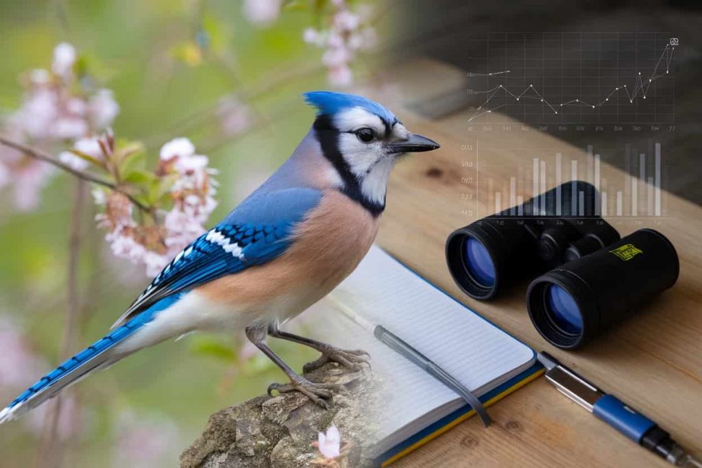 Composite image of a blue jay in nature alongside scientific observation tools and data visualizations, representing the balance between spiritual and scientific perspective.