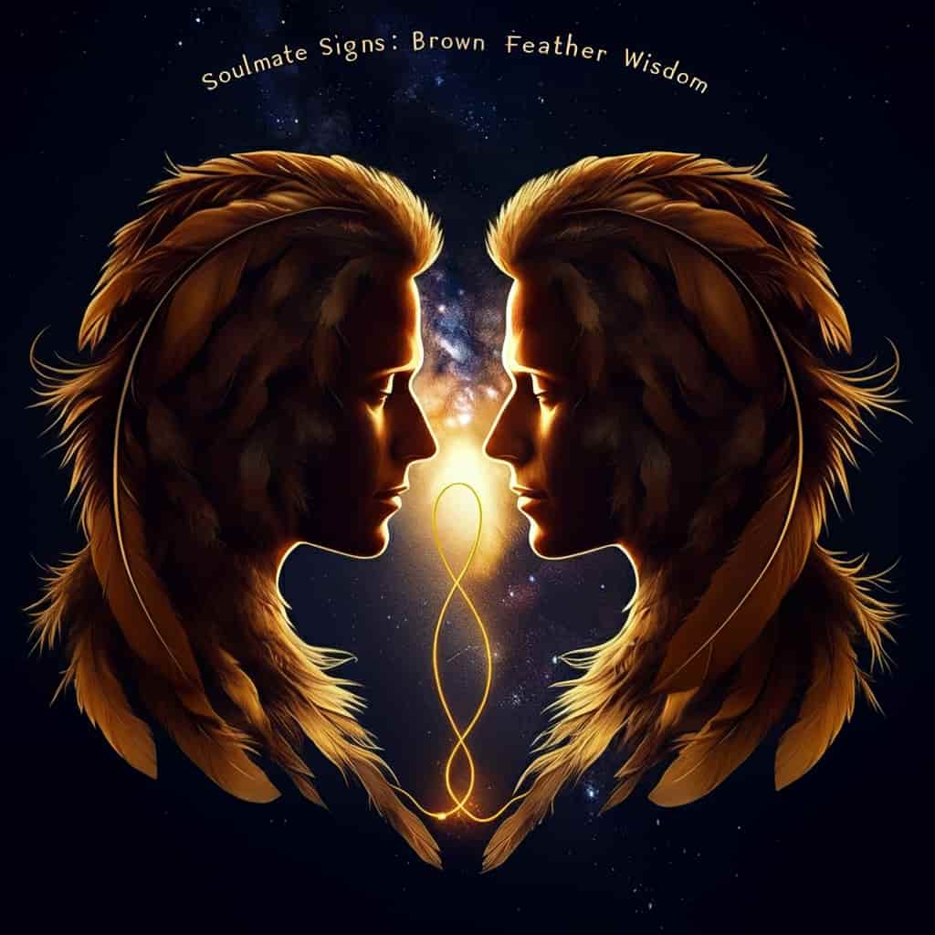 Two silhouettes partially composed of brown feathers facing each other, connected by a golden thread between their hearts, against a starry night sky, representing soulmate connections, with the title "Soulmate Signs: Brown Feather Wisdom" displayed.
