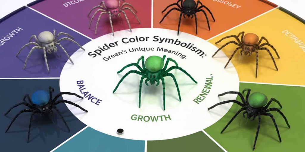 Color wheel featuring spiders of different colors, emphasizing the green spider and its associated symbolic meanings of growth, balance, and renewal.