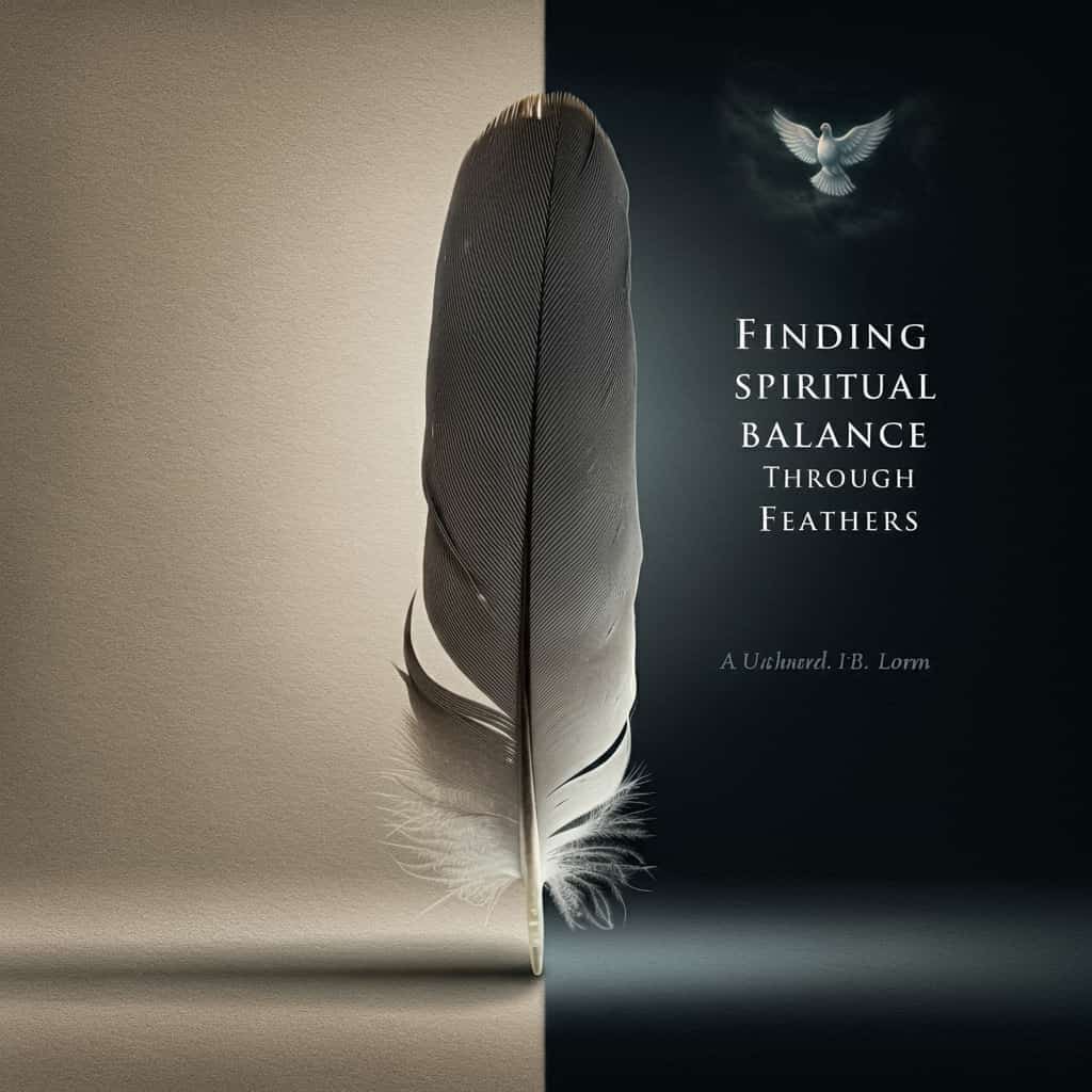 A grey feather balanced on its tip against a light and dark background with biblical symbols, representing the concept of spiritual equilibrium in Christian faith.