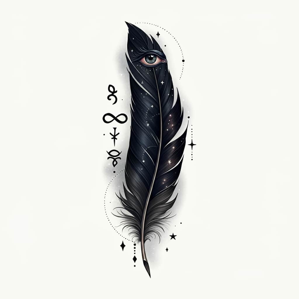 An elaborate crow feather tattoo surrounded by mystical symbols including an eye and infinity sign, highlighting its spiritual meaning and associations.