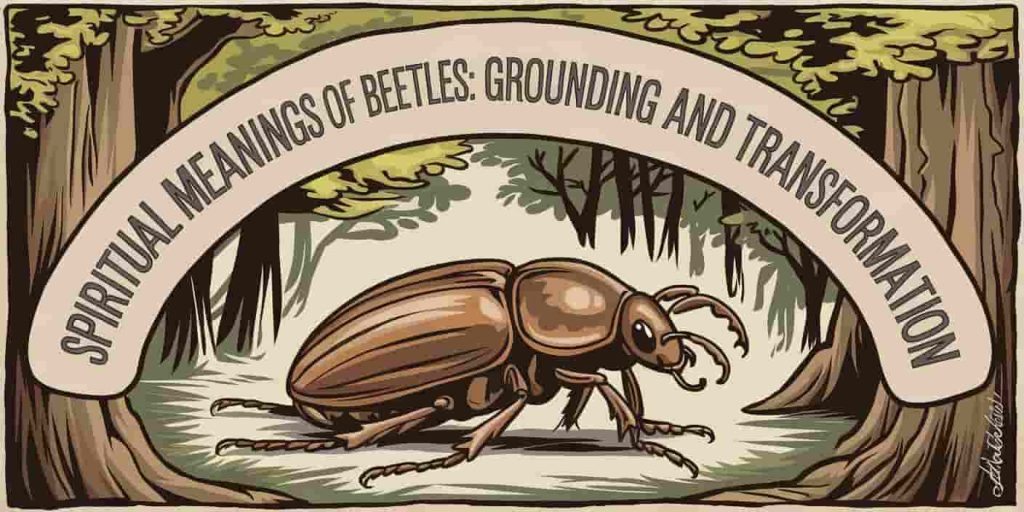 A brown beetle in its natural habitat, surrounded by leaves and soil, symbolizing grounding and transformation, with the title 'Spiritual Meanings of Brown Beetles: Grounding and Transformation' displayed in a curved line above the beetle.