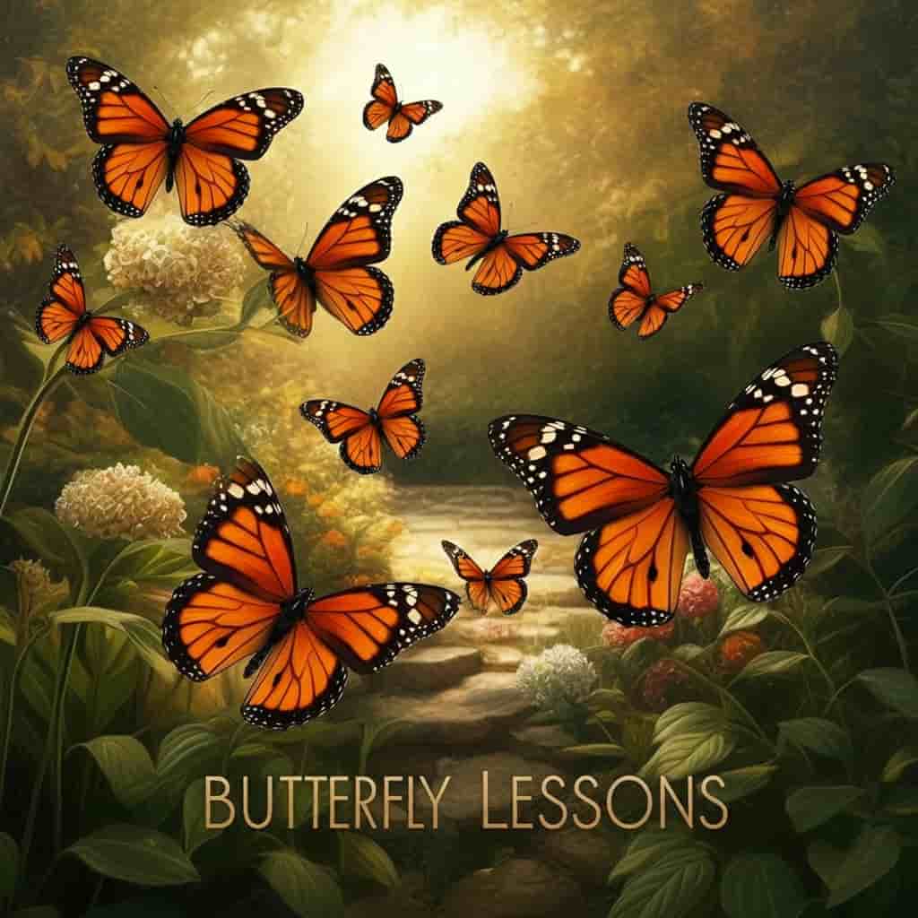 An array of orange and black butterflies fluttering in a serene garden, each representing a unique spiritual message with the title, "Butterfly Lessons"