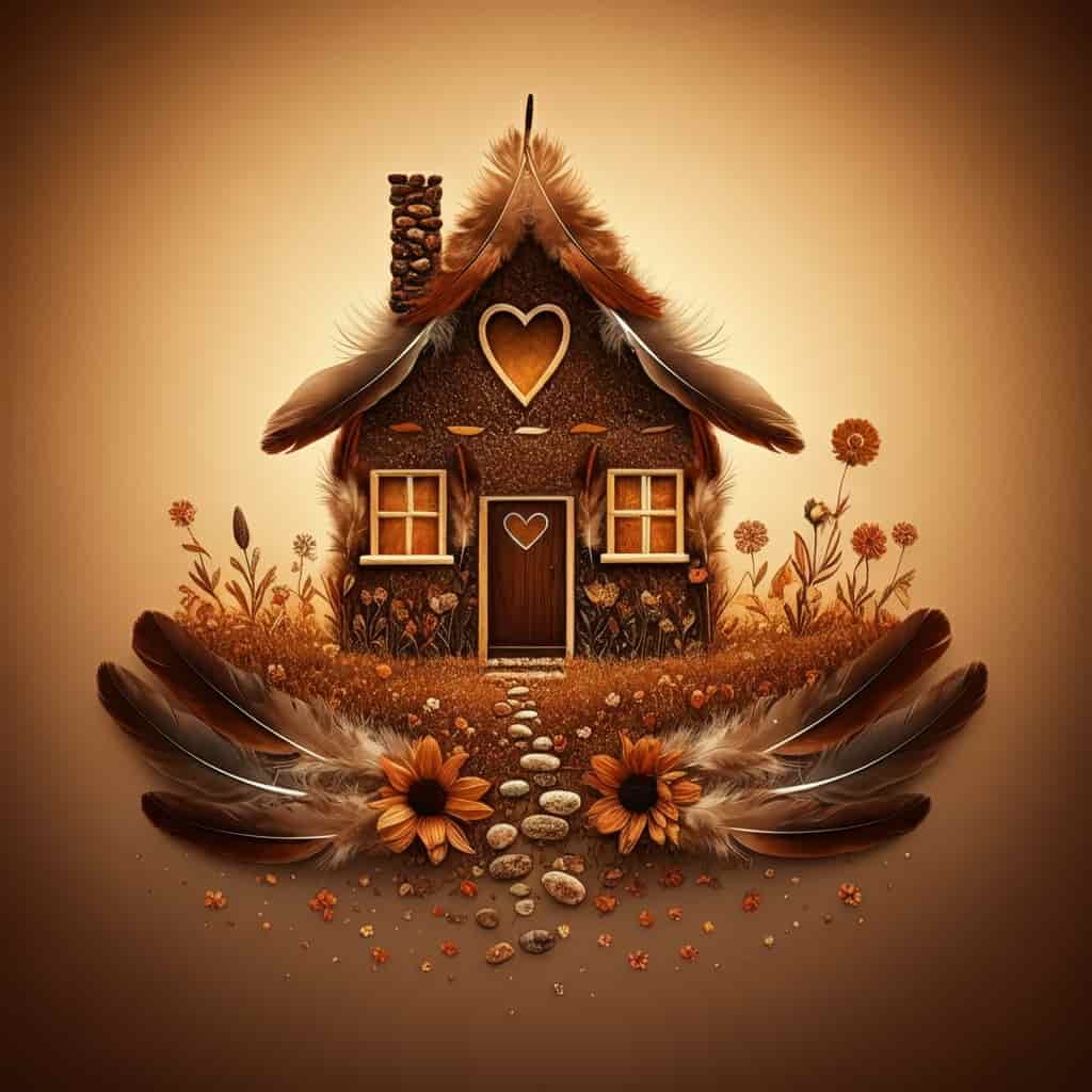 A warm, inviting house built on a foundation of large brown feathers, featuring a heart-shaped window and surrounded by earthy flowers, representing relationship stability
