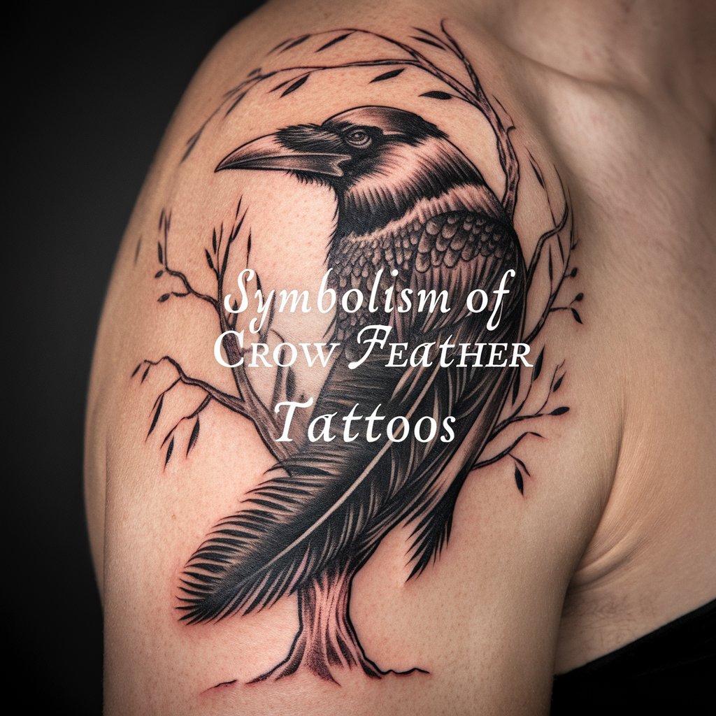 A detailed crow feather tattoo wrapped around a tree branch with small leaves, illustrating the symbolism of transformation and growth in crow feather tattoos.