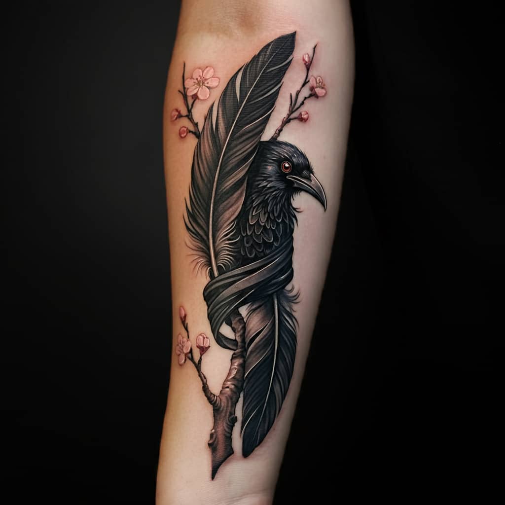Another image of a detailed crow feather tattoo wrapped around a tree branch with small leaves, illustrating the symbolism of transformation and growth in crow feather tattoos.