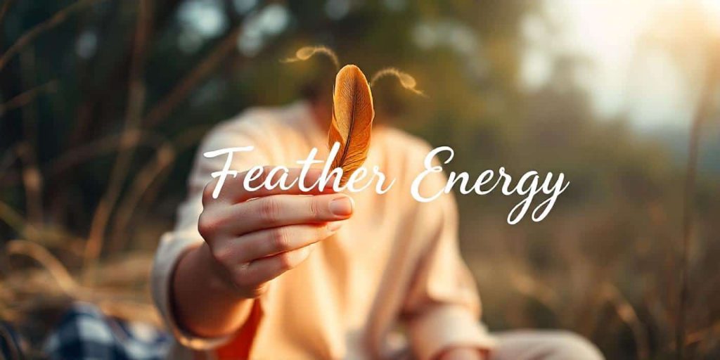 Person in a natural setting holding a brown feather with energy swirls, surrounded by twin flame symbols, representing harnessing brown feather energy in twin flame relationships.