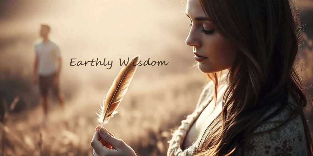 Person holding a brown feather, standing barefoot on grass, with a faint outline of their twin flame in the background, representing grounding and earthly wisdom in twin flame journeys.