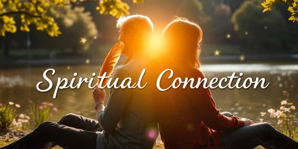Two people sitting back-to-back in nature, holding brown feathers connected by golden light, symbolizing spiritual connection through brown feather meditation in twin flame relationships.
