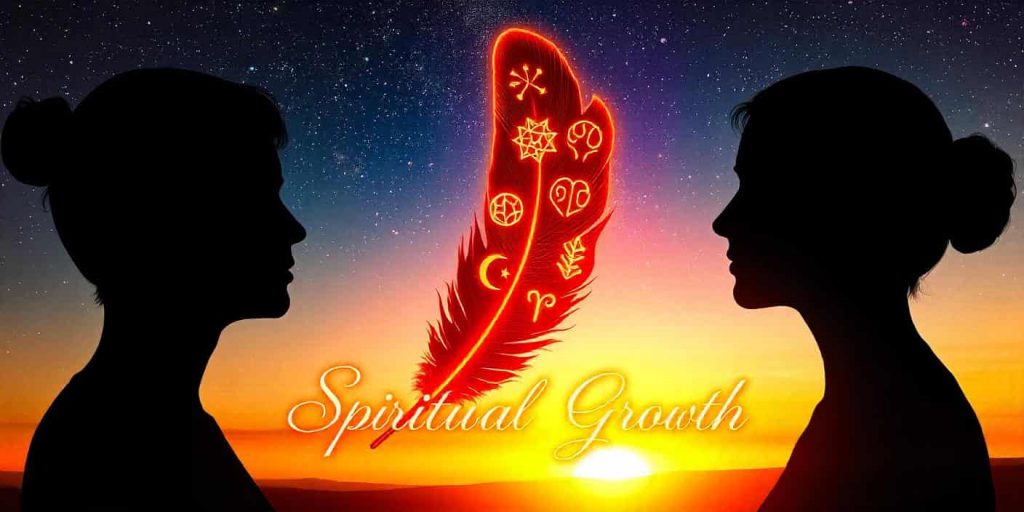 Two silhouettes facing each other with a large, symbol-etched brown feather between them, against a starry night sky transitioning to sunrise, representing spiritual growth and messages in twin flame connections.