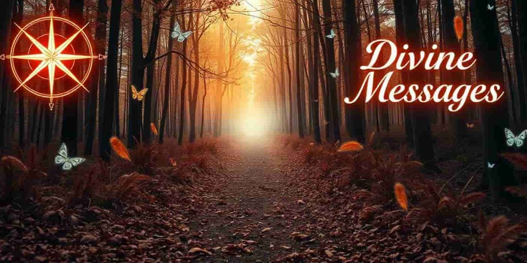 Forest path with scattered brown feathers leading to a bright, misty area, symbolizing the journey of interpreting divine messages in twin flame relationships.