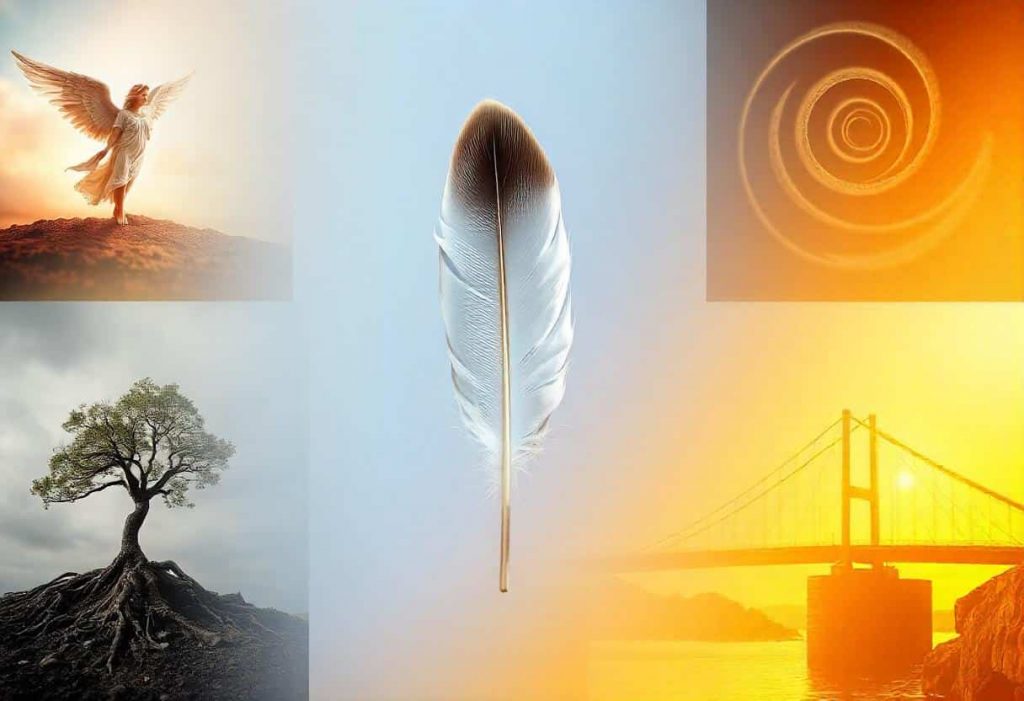 Collage of spiritual symbols centered around a white feather with brown tip, illustrating various spiritual meanings and earthly connections.
