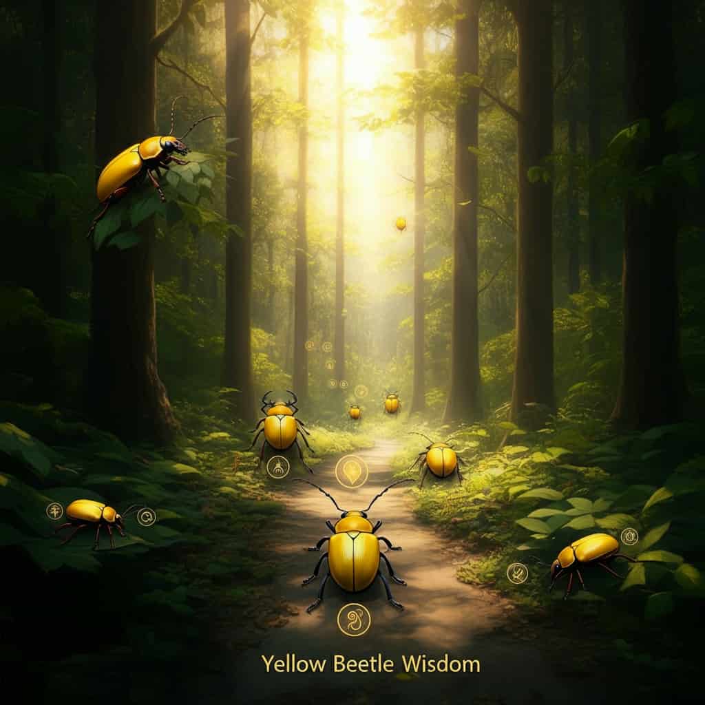 A sunlit forest path with yellow beetles leading to different symbols, representing the spiritual messages and lessons associated with yellow beetles.
