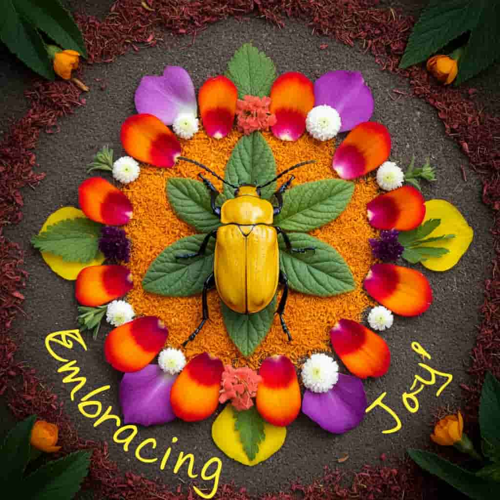 A yellow beetle centered on a colorful mandala made of flower petals, symbolizing the spiritual message of embracing joy and positivity.