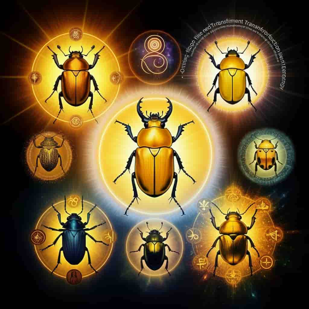A circular arrangement of seven yellow beetles, each surrounded by symbolic representations of their spiritual meanings, including optimism, enlightenment, and transformation.