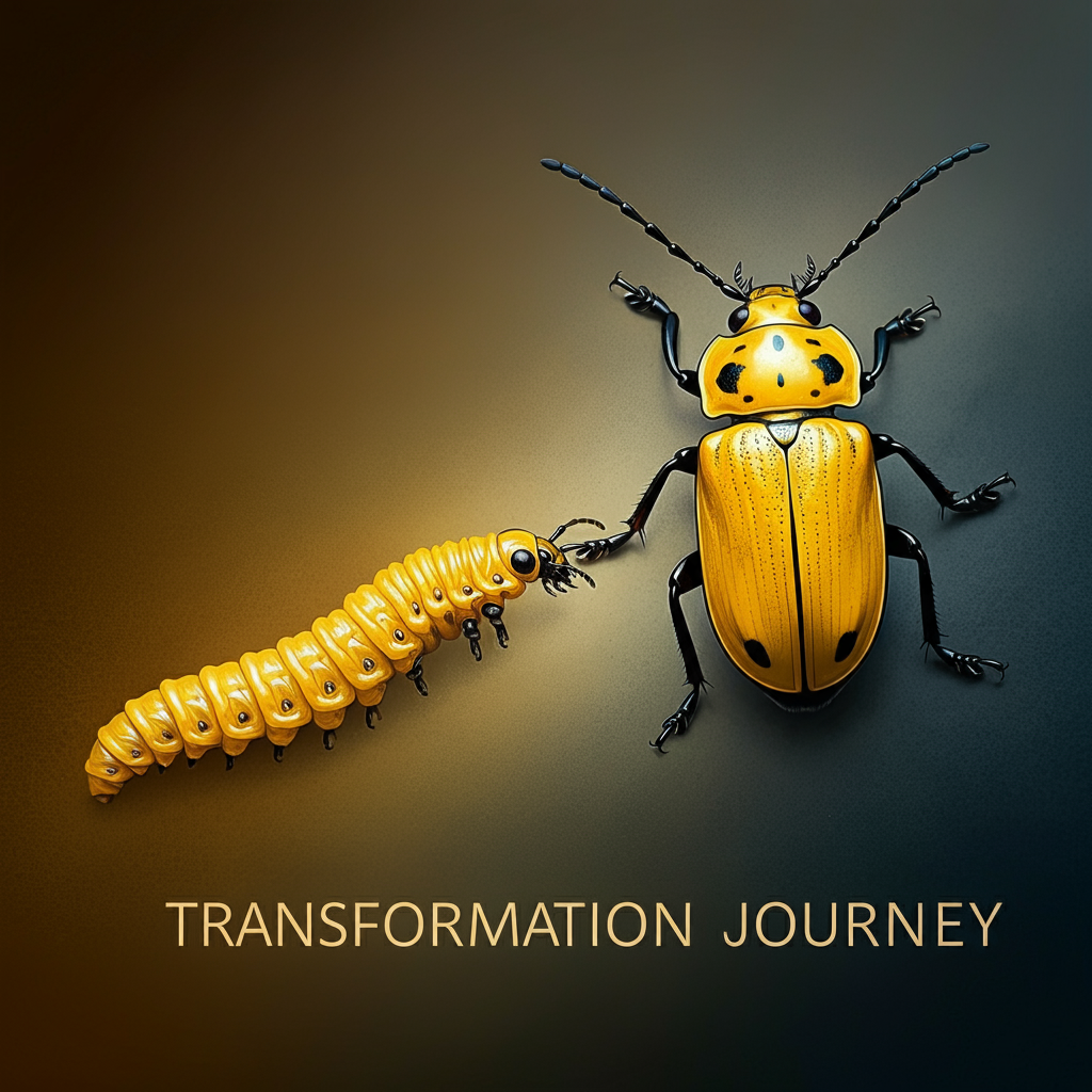 An artistic depiction of a yellow beetle's life stages from larva to adult, representing the spiritual concept of personal transformation and growth.