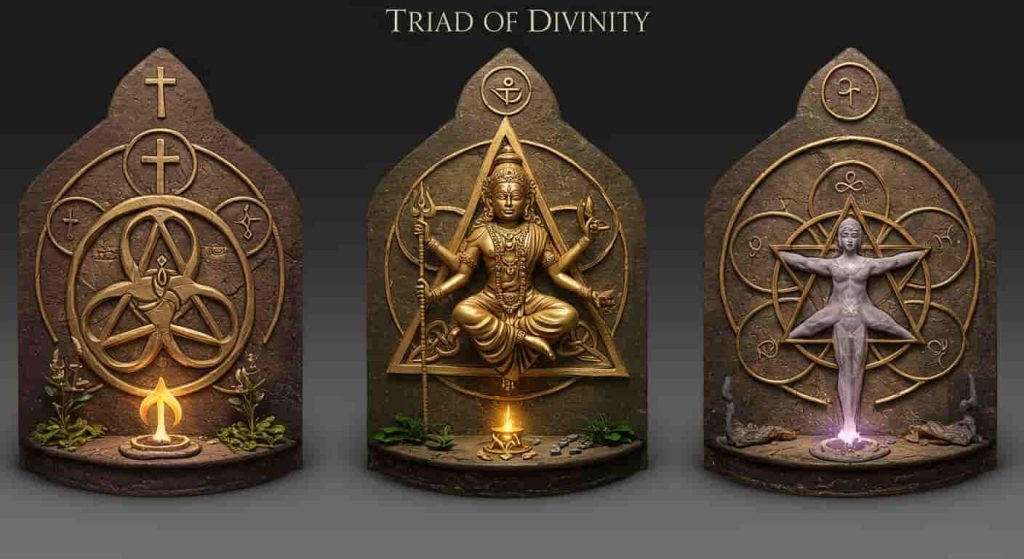 Triptych illustrating spiritual interpretations of the triquetra, including Christian Trinity, Hindu Trimurti, and mind-body-spirit connection, with "Triad of Divinity" integrated.