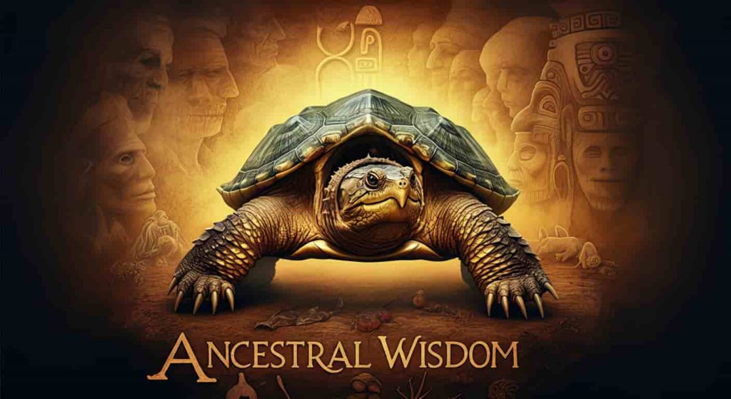 Alligator snapping turtle surrounded by ancient symbols and artifacts, representing its connection to ancestral wisdom and spiritual heritage.