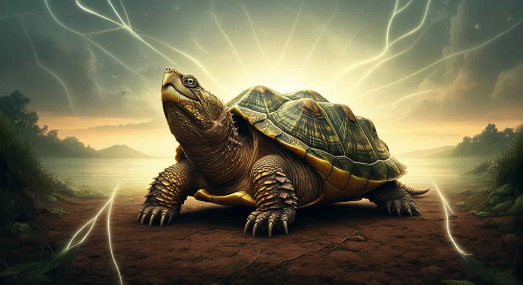 Alligator snapping turtle firmly planted on earth with energy lines connecting it to the ground, symbolizing its grounding spiritual energy.