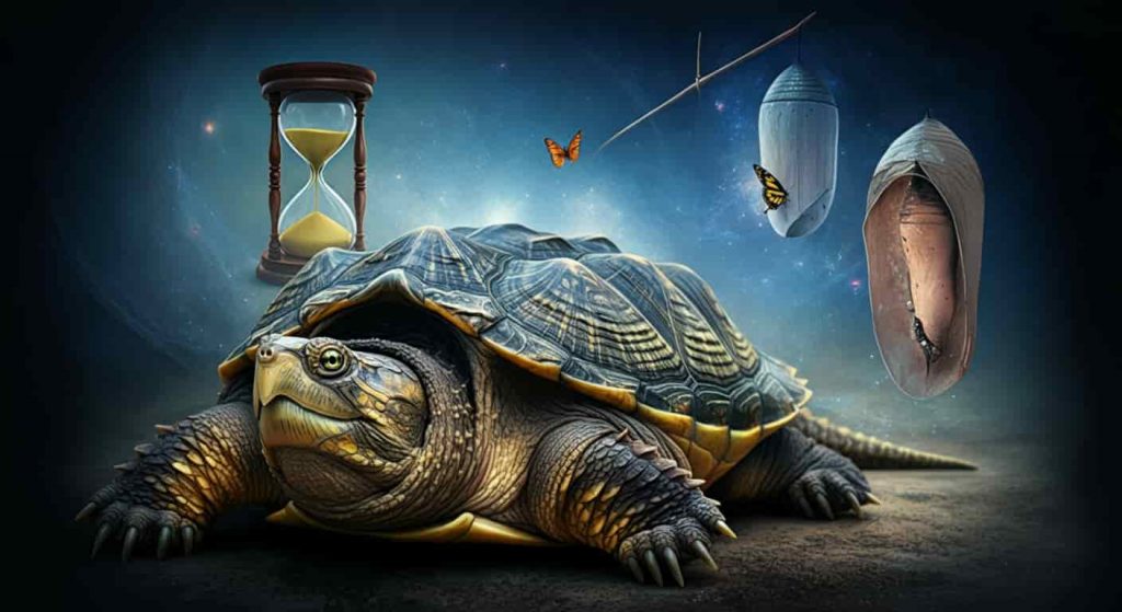 Conceptual image showing an alligator snapping turtle as a teacher, surrounded by symbolic representations of patience, truth, and transformation.