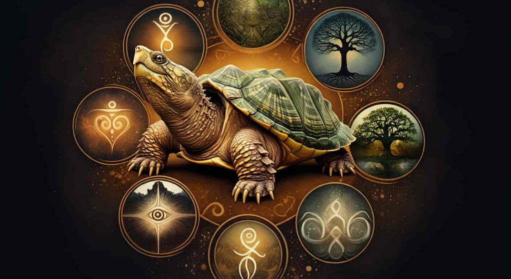 Illustration depicting various spiritual symbols associated with the alligator snapping turtle, including primal power, emotional protection, and ancestral wisdom.