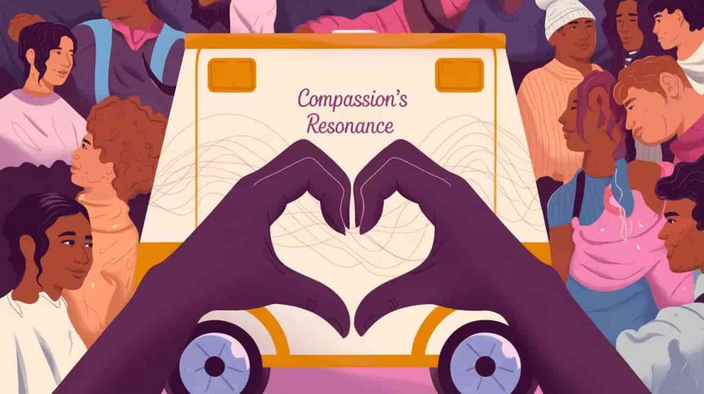 Hands forming heart shape with ambulance silhouette, surrounded by diverse people supporting each other, siren wave patterns, text reads "Compassion's Resonance".