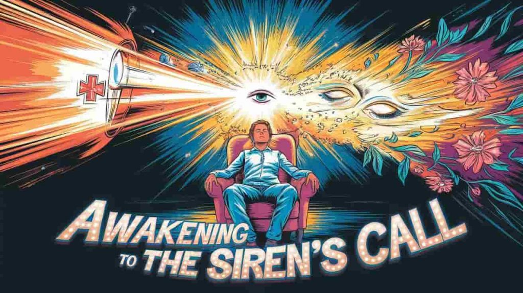 Person surrounded by light from ambulance siren transforming into awakening symbols, vibrant colors, text reads "Awakening to the Siren's Call".