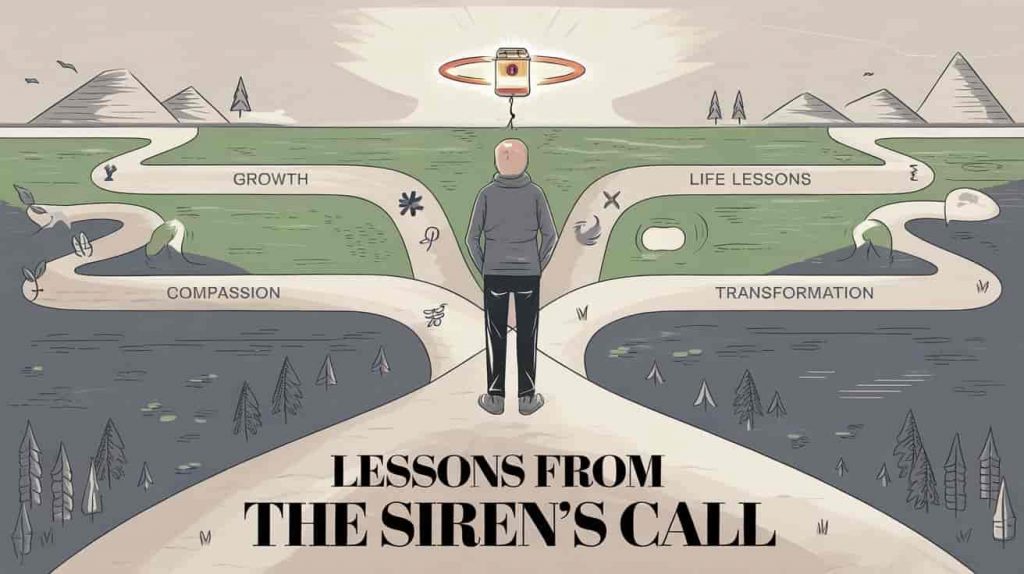 Person at a crossroads with paths leading to spiritual concepts, ambulance siren forming a halo, and symbols of life lessons, with text "Lessons from the Siren's Call".