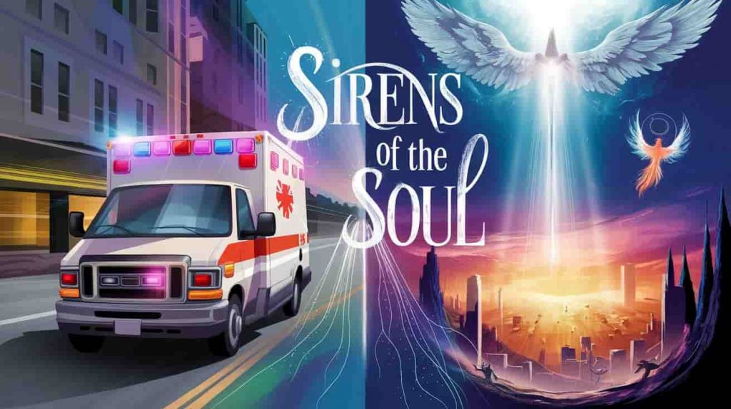 Split-screen image showing a realistic ambulance with sirens and a mystical realm with spiritual symbols, connected by energy streams, with the text "Sirens of the Soul".
