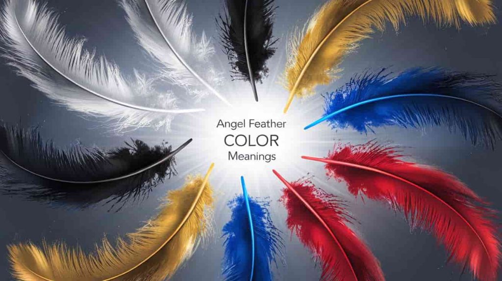 Circular arrangement of glowing feathers in white, black, gold, blue, and red, each representing different spiritual meanings in angel feather symbolism.