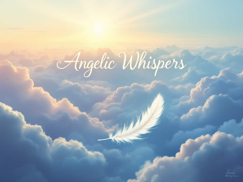 A cloudy sky with light rays and a small white feather, accompanied by an ethereal angel's hand, representing angelic connections and divine messages, with "Angelic Whispers" text overlay.