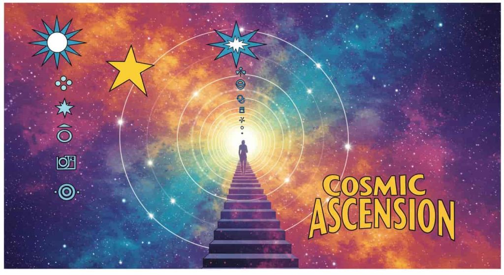 Peter Max-inspired pop art spiral staircase with the title "Cosmic Ascension" integrated, showing colorful stardust ascending through psychedelic cosmic realms, marked by three stylized stars and bold spiritual symbols, with a climbing silhouette.