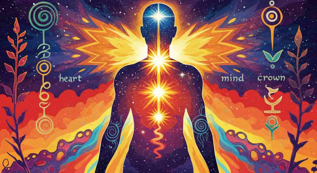 Peter Max-style pop art human silhouette filled with a psychedelic cosmic landscape, featuring three aligned stars emitting bold transformative energy, surrounded by vibrant growth symbols.