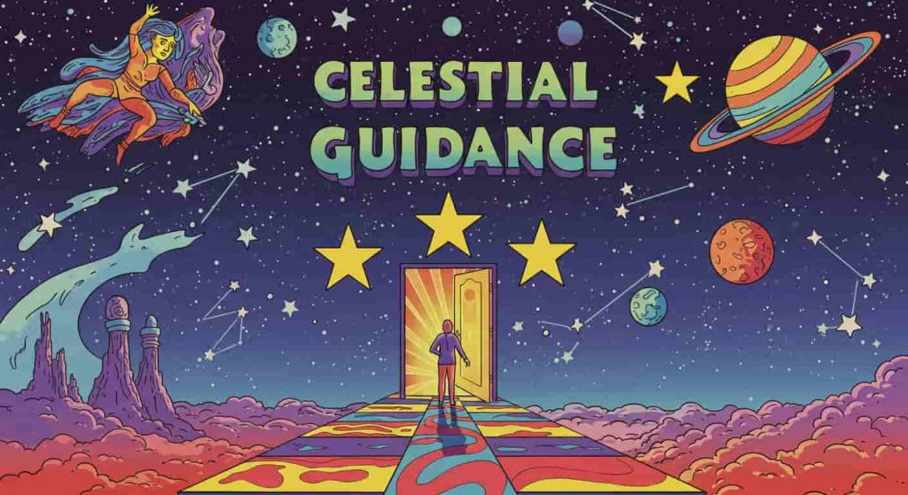 Peter Max-inspired pop art image with the title "Celestial Guidance" integrated, showing a person on a vibrant floating platform observing stylized constellations and planetary alignments, with three stars forming a path to a psychedelic cosmic door.