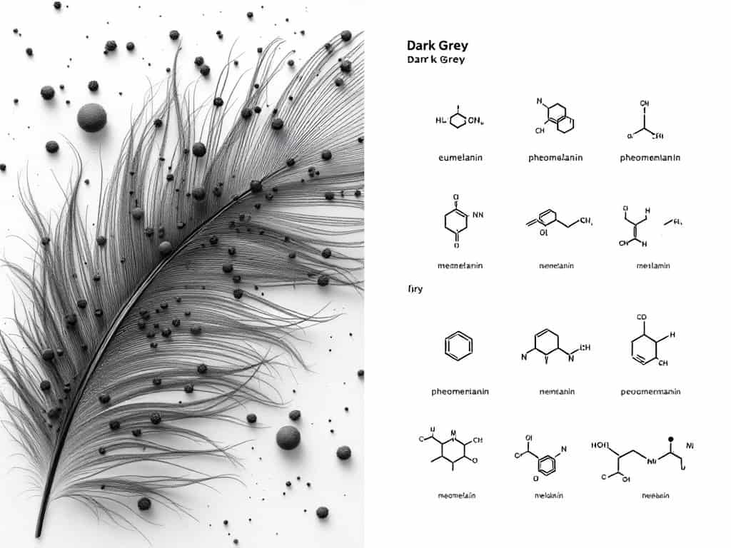 Scientific illustration showing microscopic structure of a dark grey feather alongside melanin molecular diagrams, with bird silhouettes and pigmentation formulas.