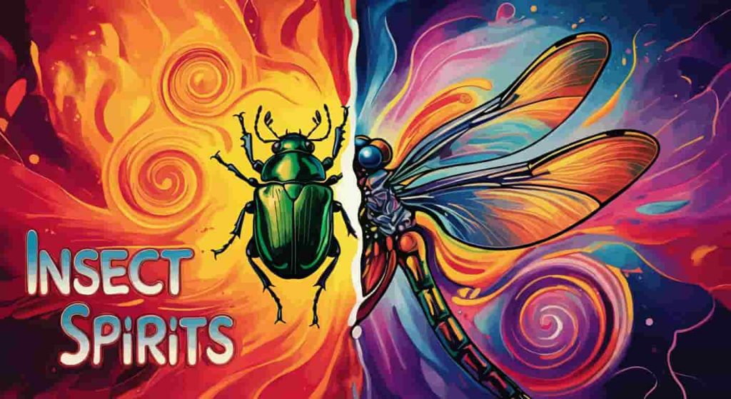 A pop art comparison of a green beetle and dragonfly, connected by swirling energy patterns, illustrating their spiritual meanings in bold Peter Max style.