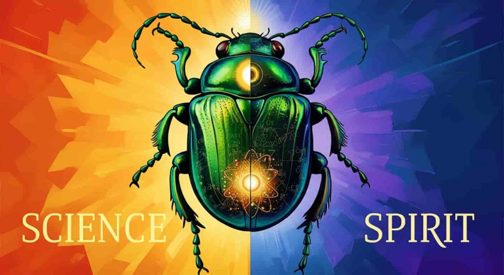 A pop art fusion of scientific and spiritual representations of a green beetle, using bold colors and geometric patterns in Peter Max style.