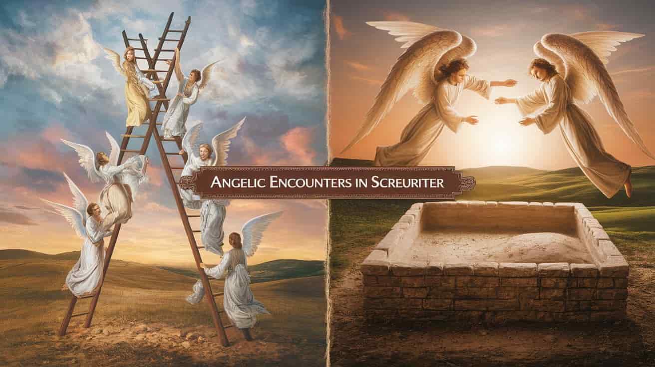 Split-screen image showing Jacob's ladder with ascending and descending angels on one side and the empty tomb with radiant angels on the other, representing biblical narratives of angelic encounters.