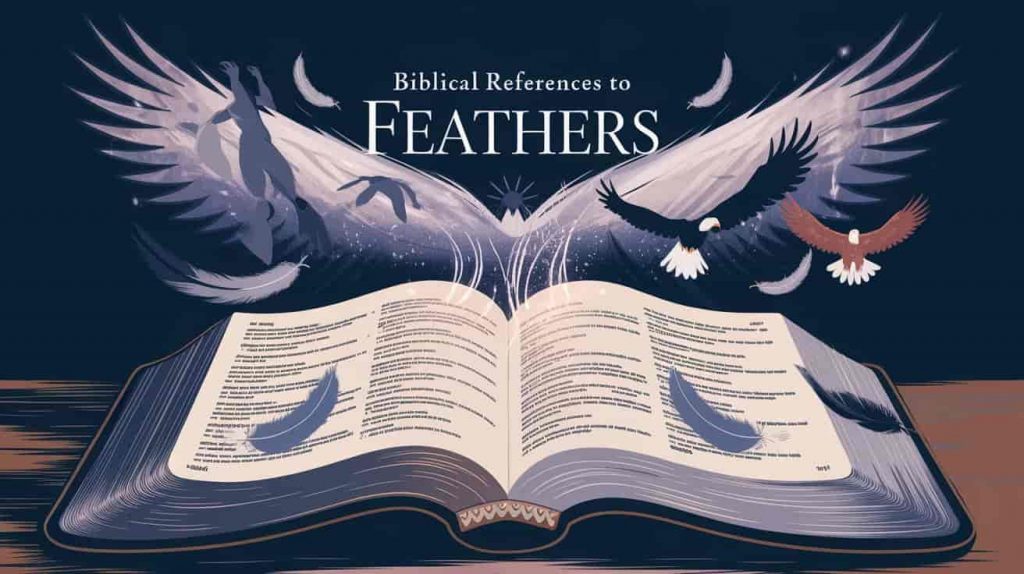 Open glowing Bible with ethereal representations of biblical scenes featuring wings, eagles, and angels, illustrating the biblical foundation of angel feather symbolism.